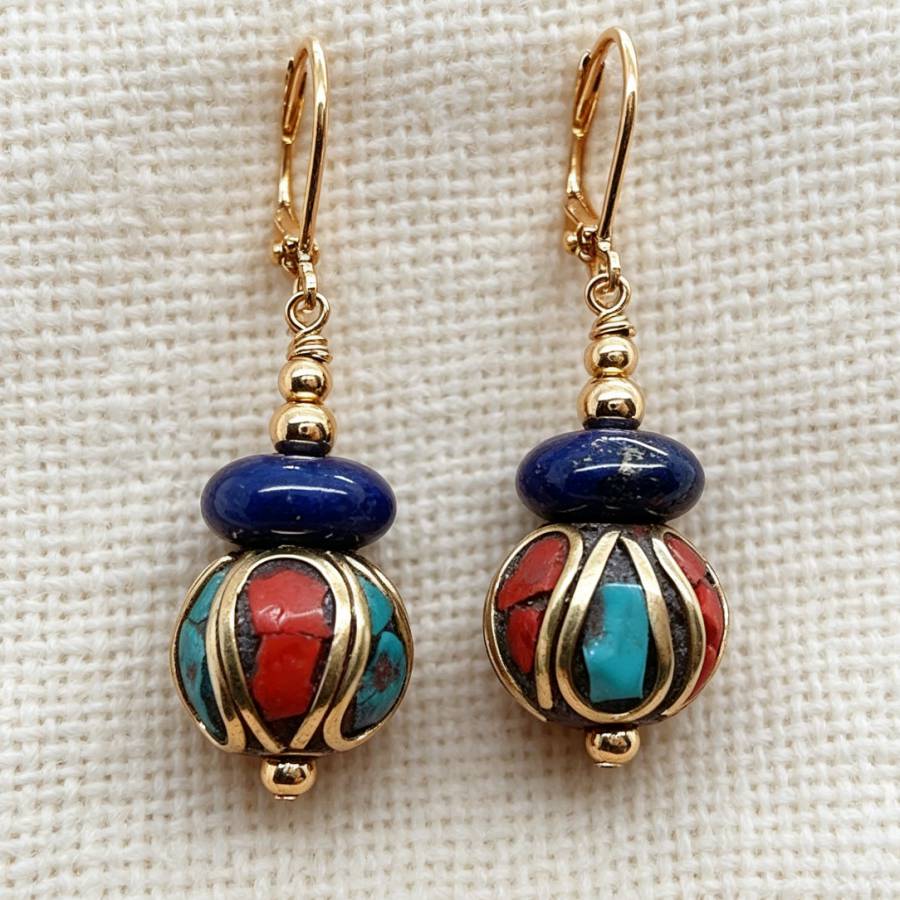 Women Accessories Nepal - Handgefertigte Nepal Blaue Lapislazuli Gold Ohrringe