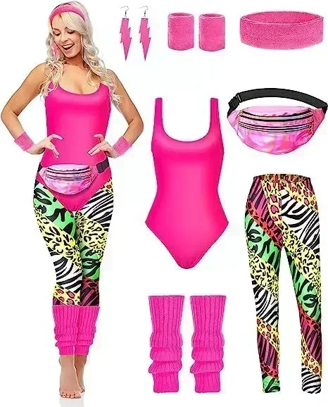 Women'S Accessories In The 80S - 7-teiliges 80er-Jahre-Fitness-Kostüm-Set, 90er-Jahre-Trikot, Leggings, Stirnband, Armbänder,