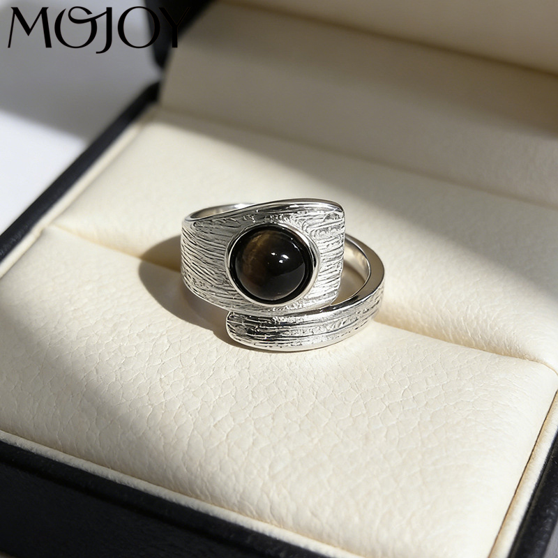 Women Accessories Drawing - MOJOY Retro-Ring mit bernsteinfarbener Steinintarsie, versilbert,